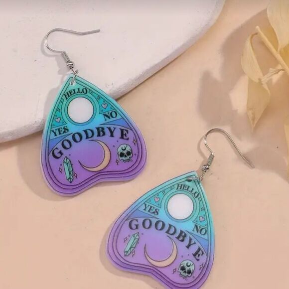 New Fun Dangle Ouija Planchet Halloween Earrings Blue and Lavender - Picture 2 of 4